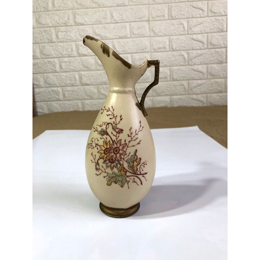 Antique Robert Hanke Austria Porcelain Ewer Cabinet Vase Floral Gold Gilt 7.5"